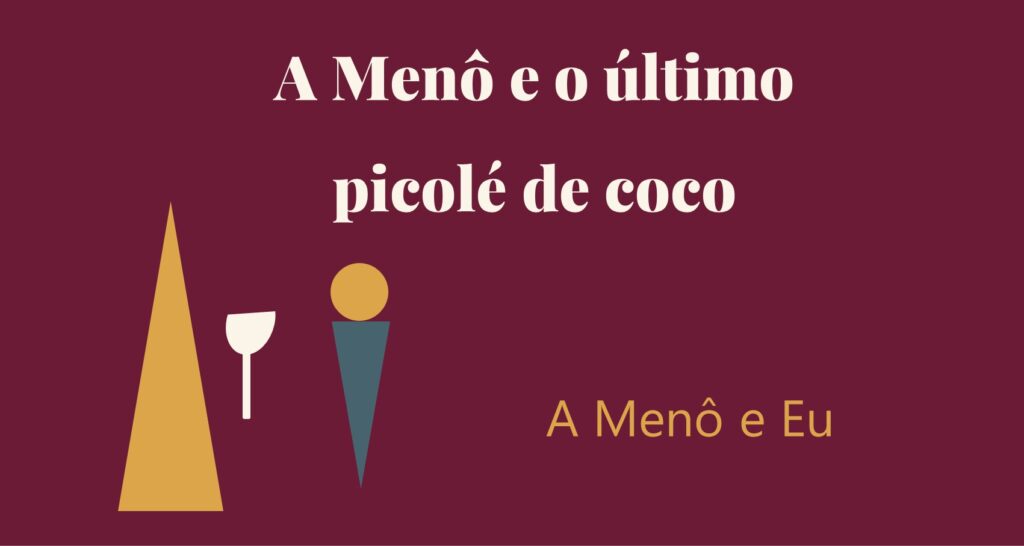 Arte minimalista da série A Menô e Eu, representando com formas geométricas uma crônica sobre menopausa com humor, onde a Menô divide um picolé de coco.