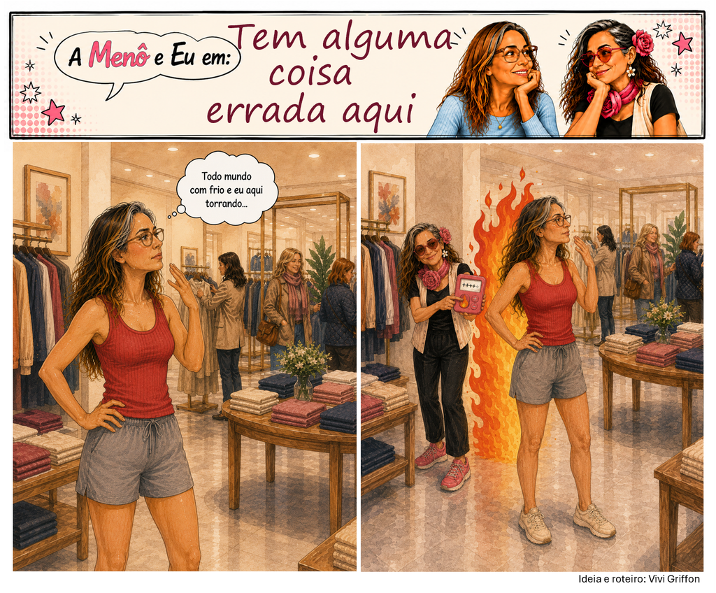 Tirinha A Menô e Eu sobre como saber se está entrando na menopausa, com uma mulher sentindo calor enquanto todos ao redor estão com frio.